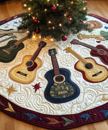 Paisley Acoustic Guitar Wine Tree Skirt — Made-To-Order Bohemian Holiday Decor, Handcrafted Guitar Motifs & Rich Color