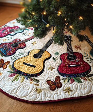 Folk-Color Acoustic Guitar Tree Skirt — Made-To-Order Vibrant Holiday Accent, Handcrafted Folk Music Design