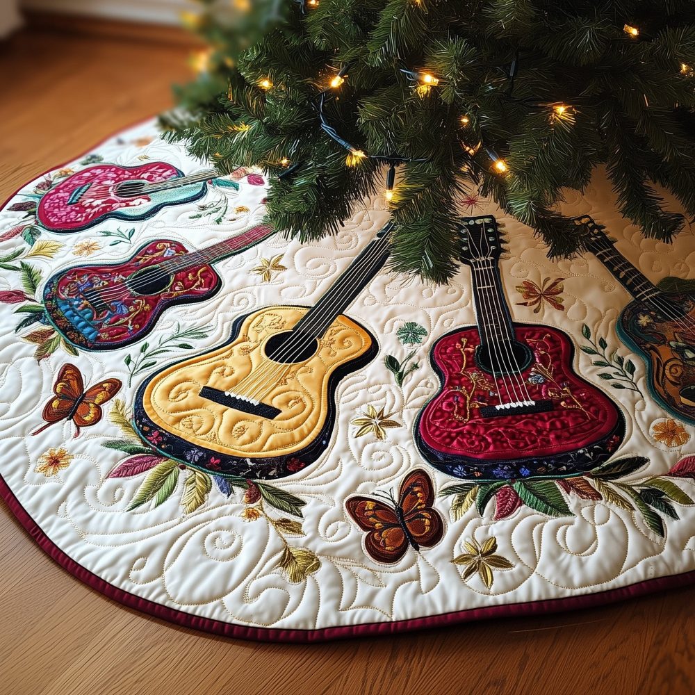 Folk-Color Acoustic Guitar Tree Skirt — Made-To-Order Vibrant Holiday Accent, Handcrafted Folk Music Design
