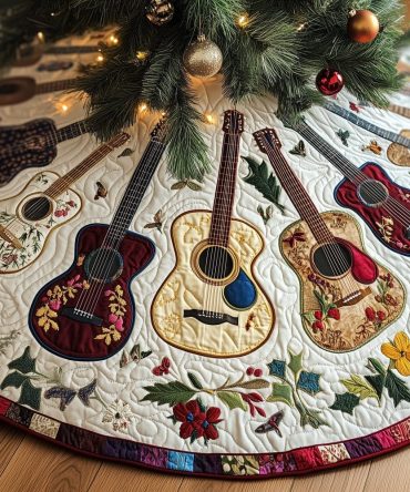 Butterfly Guitars Cream Christmas Tree Skirt — Custom Handcrafted Musical Decor, Delicate Floral-Inspired Design