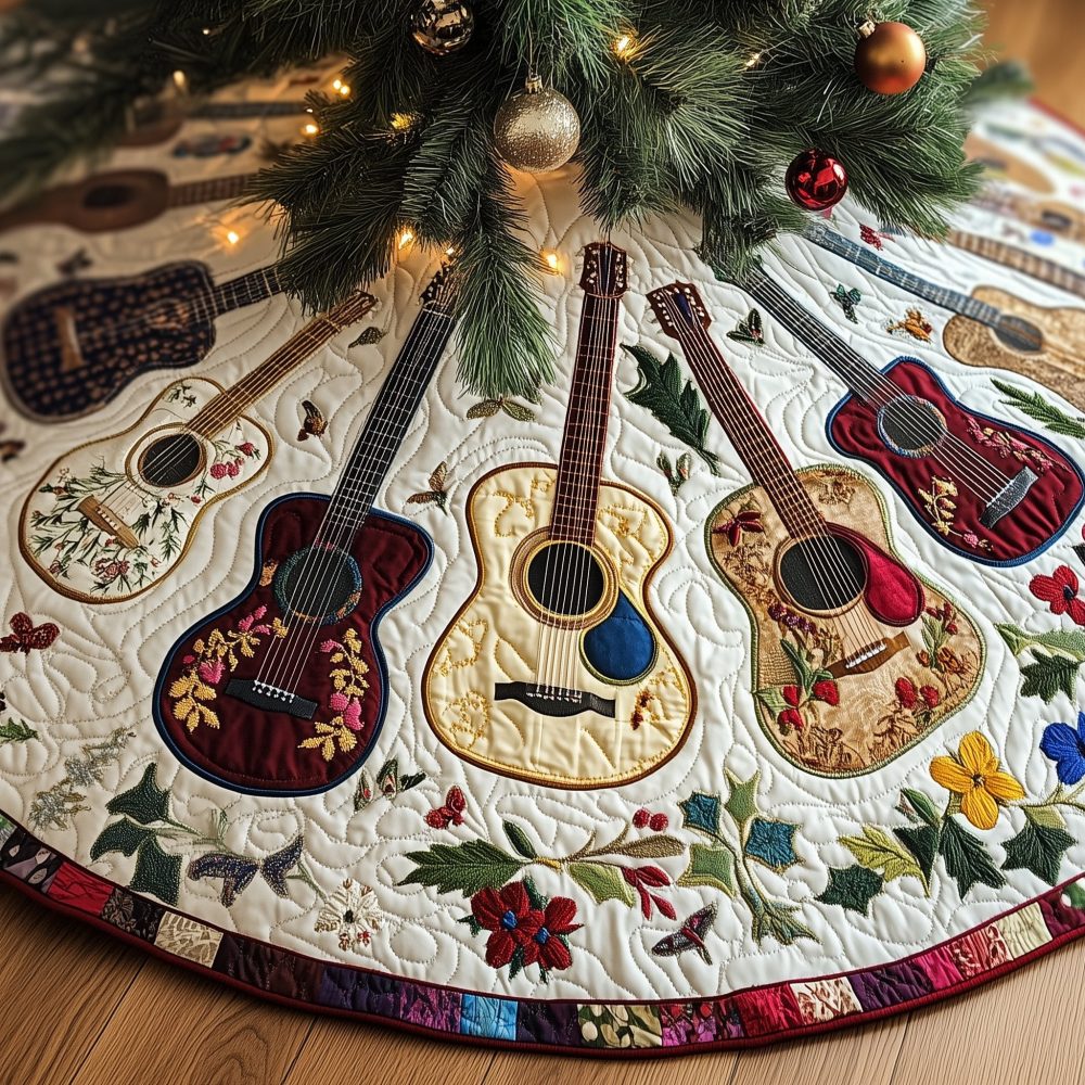 Butterfly Guitars Cream Christmas Tree Skirt — Custom Handcrafted Musical Decor, Delicate Floral-Inspired Design
