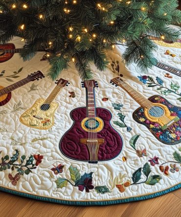 Garden Acoustics With Poinsettias Tree Skirt — Handcrafted Made-To-Order Musical Holiday Skirt, Floral & Instrument Motif