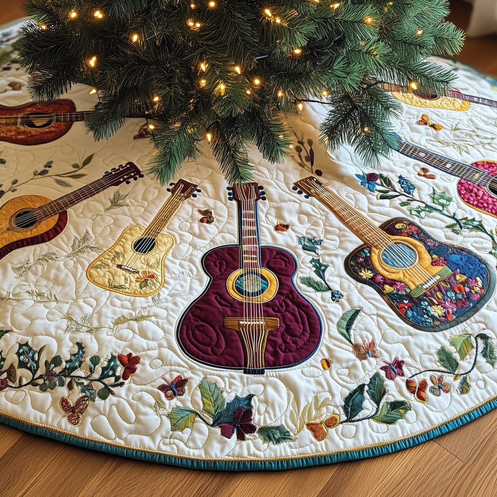 Garden Acoustics With Poinsettias Tree Skirt — Handcrafted Made-To-Order Musical Holiday Skirt, Floral & Instrument Motif