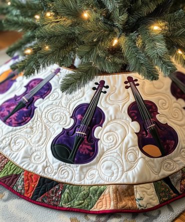 Patch-Strip Hem Violin Christmas Tree Skirt — Made-To-Order Folk-Inspired Musical Decor, Handcrafted & Customizable