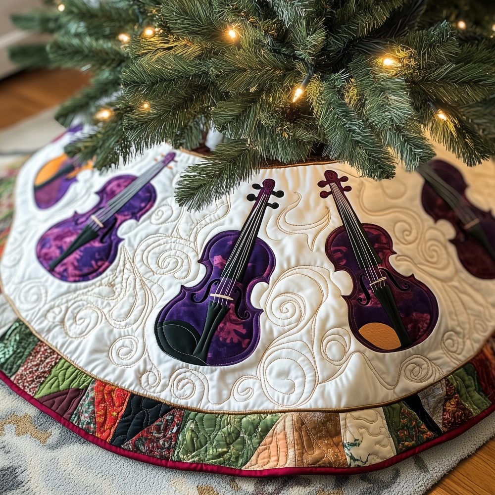 Patch-Strip Hem Violin Christmas Tree Skirt — Made-To-Order Folk-Inspired Musical Decor, Handcrafted & Customizable