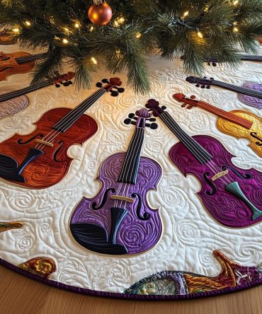 Amber & Plum Violin Trio Christmas Tree Skirt — Made-To-Order Luxury Holiday Decor, Handcrafted Musical Motif