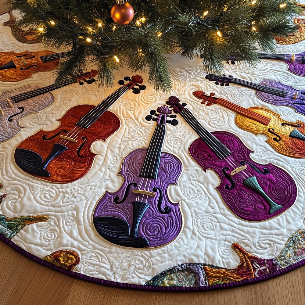 Amber & Plum Violin Trio Christmas Tree Skirt — Made-To-Order Luxury Holiday Decor, Handcrafted Musical Motif
