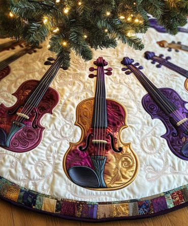 Golden-Center Violin Christmas Tree Skirt — Custom-Made Holiday Skirt With Luxe Accents, Handcrafted Musical Design