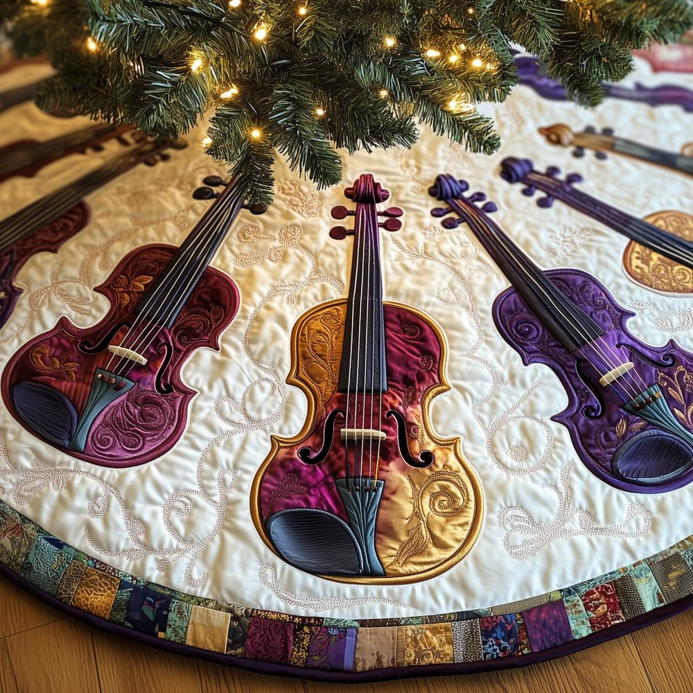 Golden-Center Violin Christmas Tree Skirt — Custom-Made Holiday Skirt With Luxe Accents, Handcrafted Musical Design