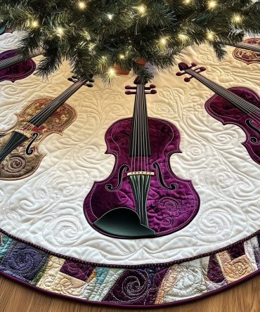 Magenta Violin On Snow-White Christmas Tree Skirt — Custom Handcrafted Holiday Accent, Bright Musical Styling