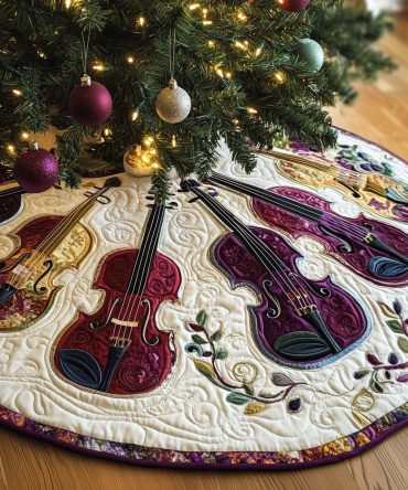 Leaf-Border Violin Christmas Tree Skirt — Made-To-Order Musical Holiday Accent, Handcrafted Fabric & Custom Options