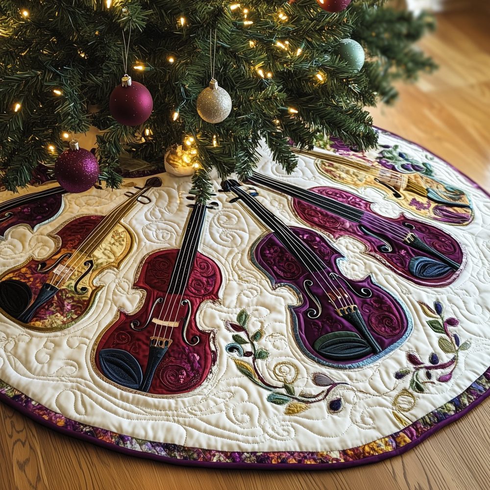 Leaf-Border Violin Christmas Tree Skirt — Made-To-Order Musical Holiday Accent, Handcrafted Fabric & Custom Options