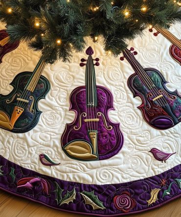 Handmade Songbird-Hem Violin Christmas Tree Skirt — Custom Musical Holiday Decor, Premium Fabric & Gift-Ready