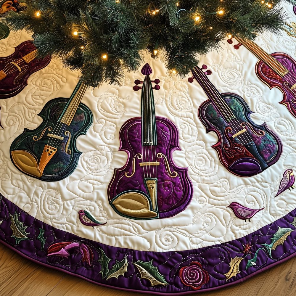 Handmade Songbird-Hem Violin Christmas Tree Skirt — Custom Musical Holiday Decor, Premium Fabric & Gift-Ready
