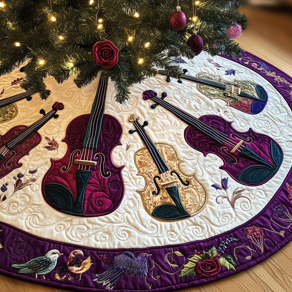 Violin Trio With Red Rose Tree Skirt — Custom Handmade Christmas Skirt, Elegant Musical Design & Gift-Ready Packaging