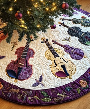 Elegant Butterfly Rim Christmas Tree Skirt With Violin Motifs — Soft Pastel Holiday Skirt, Handcrafted, Custom Sizing For Special Trees