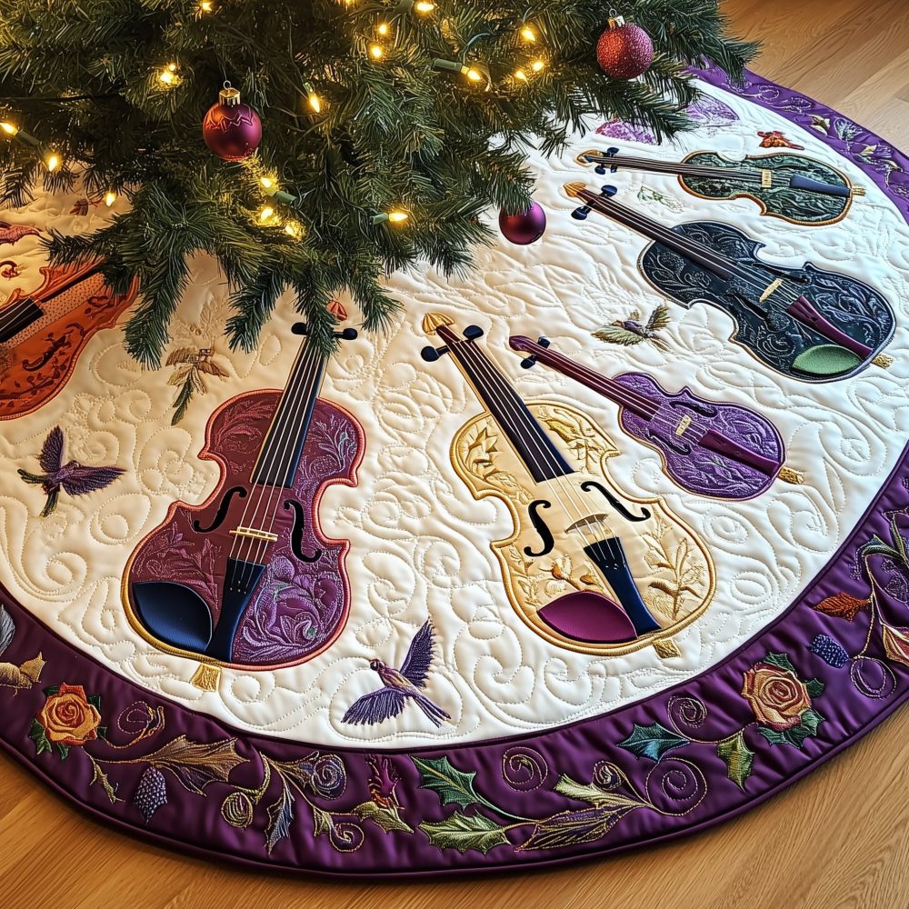 Elegant Butterfly Rim Christmas Tree Skirt With Violin Motifs — Soft Pastel Holiday Skirt, Handcrafted, Custom Sizing For Special Trees