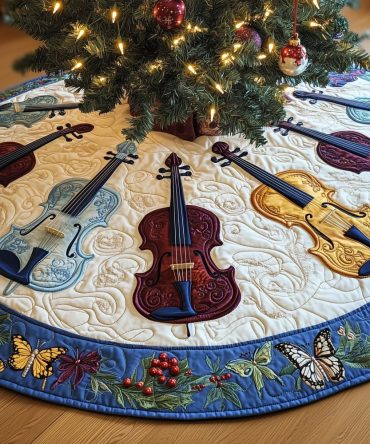 Blue Butterfly Band Christmas Tree Skirt With Violin Accents — Handcrafted Music Lover'S Holiday Skirt In Soft Blue, Custom Sizes