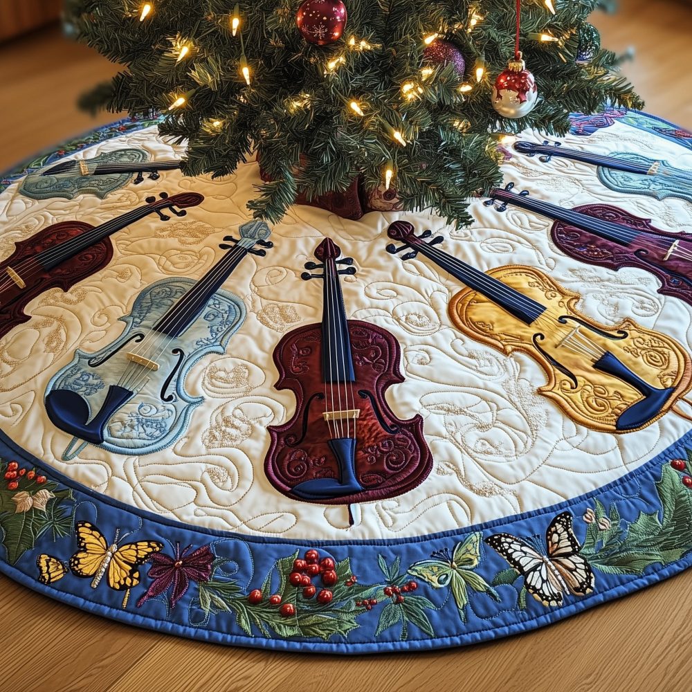 Blue Butterfly Band Christmas Tree Skirt With Violin Accents — Handcrafted Music Lover'S Holiday Skirt In Soft Blue, Custom Sizes