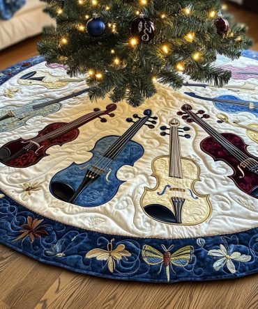 Bold Ruby Violin Christmas Tree Skirt With Contrasting Blue Hem — Handcrafted Statement Holiday Decor, Custom-Fit Options For Trees