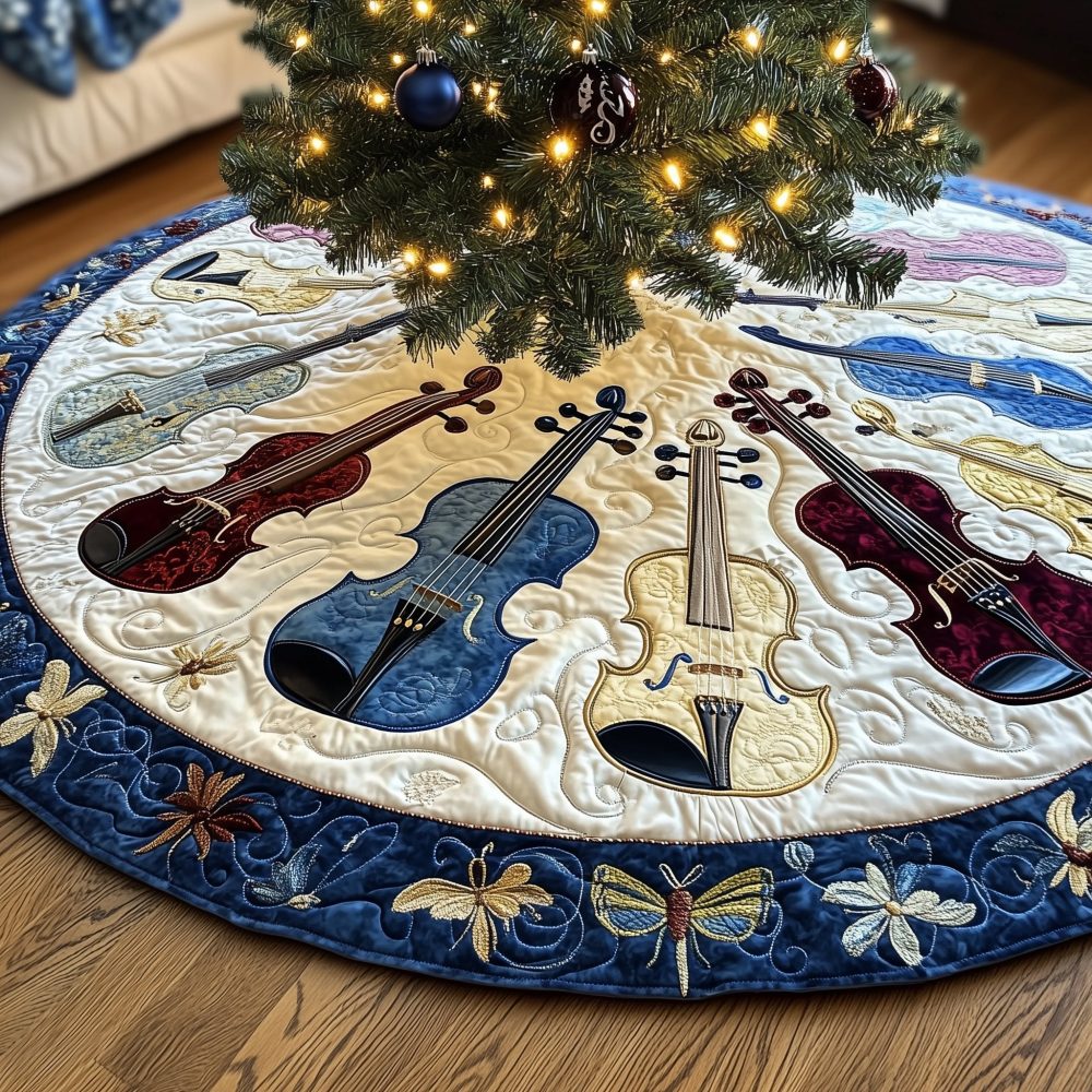 Bold Ruby Violin Christmas Tree Skirt With Contrasting Blue Hem — Handcrafted Statement Holiday Decor, Custom-Fit Options For Trees