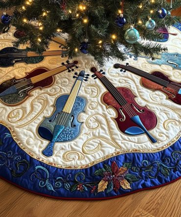 Unique Dragonfly-Trim Christmas Tree Skirt With Delicate Violin Motifs — Handcrafted Accent In Jewel Tones, Made To Order Sizing