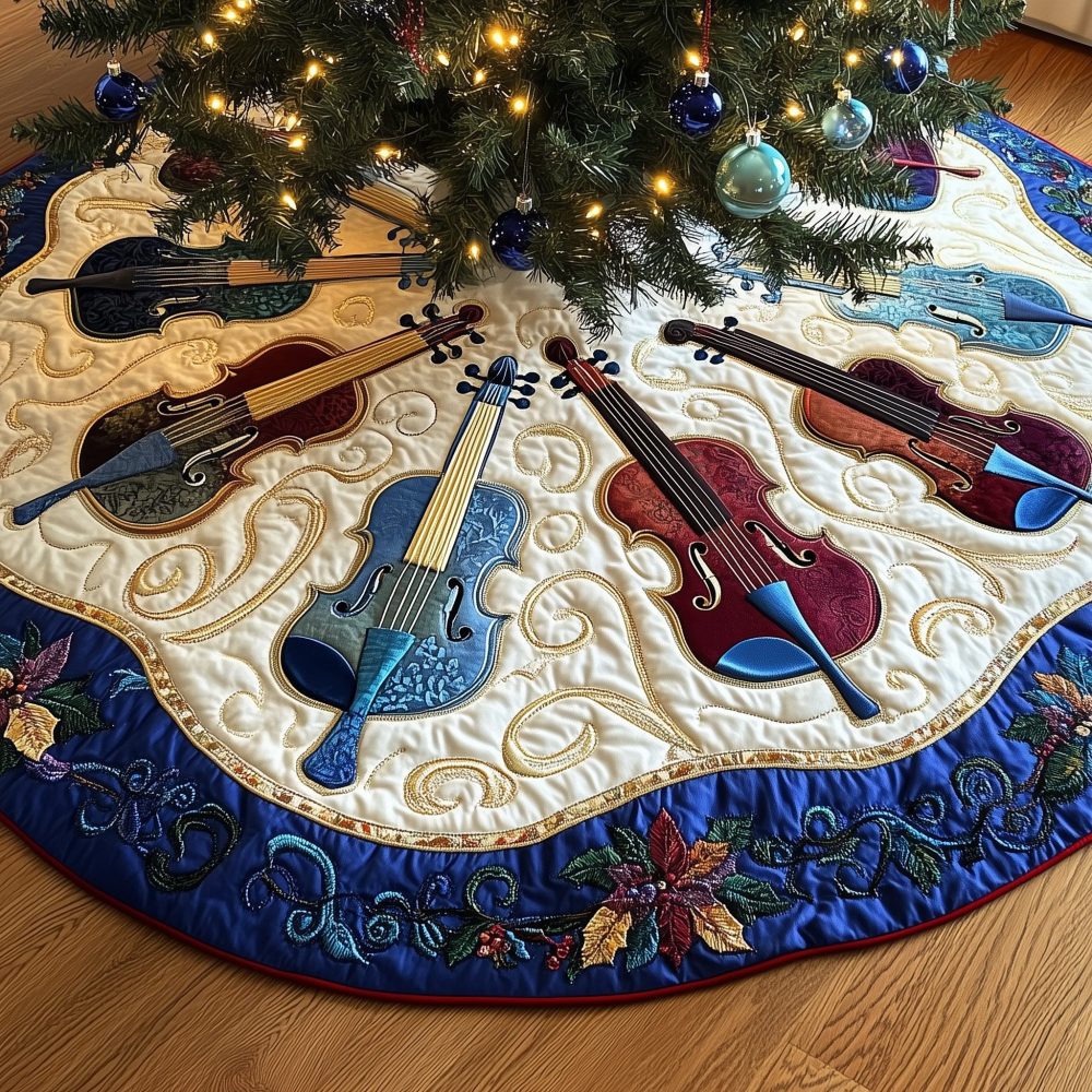 Unique Dragonfly-Trim Christmas Tree Skirt With Delicate Violin Motifs — Handcrafted Accent In Jewel Tones, Made To Order Sizing