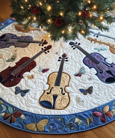 Cool Blue Violin Fan Christmas Tree Skirt — Modern Music-Themed Holiday Skirt In Icy Blue, Handcrafted, Custom Sizes Available