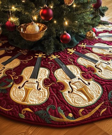Crimson Damask Christmas Tree Skirt With Ivory Violin Embroidery — Elegant Holiday Décor, Custom Sizes & Luxurious Fabric Options