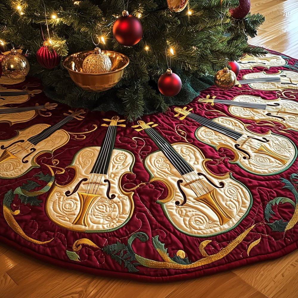 Crimson Damask Christmas Tree Skirt With Ivory Violin Embroidery — Elegant Holiday Décor, Custom Sizes & Luxurious Fabric Options