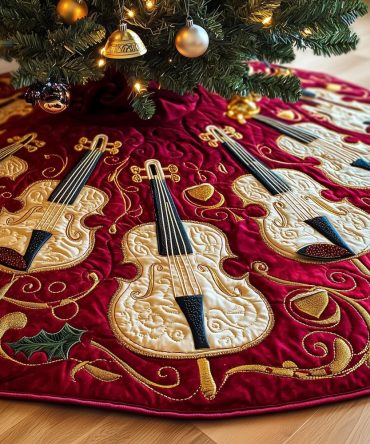 Ruby Christmas Tree Skirt With Holly & Violin Embroidery — Festive Red Holiday Accent, Handcrafted For Musicians, Custom Sizing