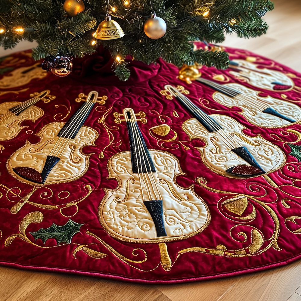 Ruby Christmas Tree Skirt With Holly & Violin Embroidery — Festive Red Holiday Accent, Handcrafted For Musicians, Custom Sizing