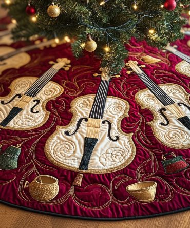 Handmade Wine-Color Scroll Tree Skirt With Cream Violin Appliqués — Soft Luxe Fabric, Tailored Fit, Perfect For Musical Holiday Displays