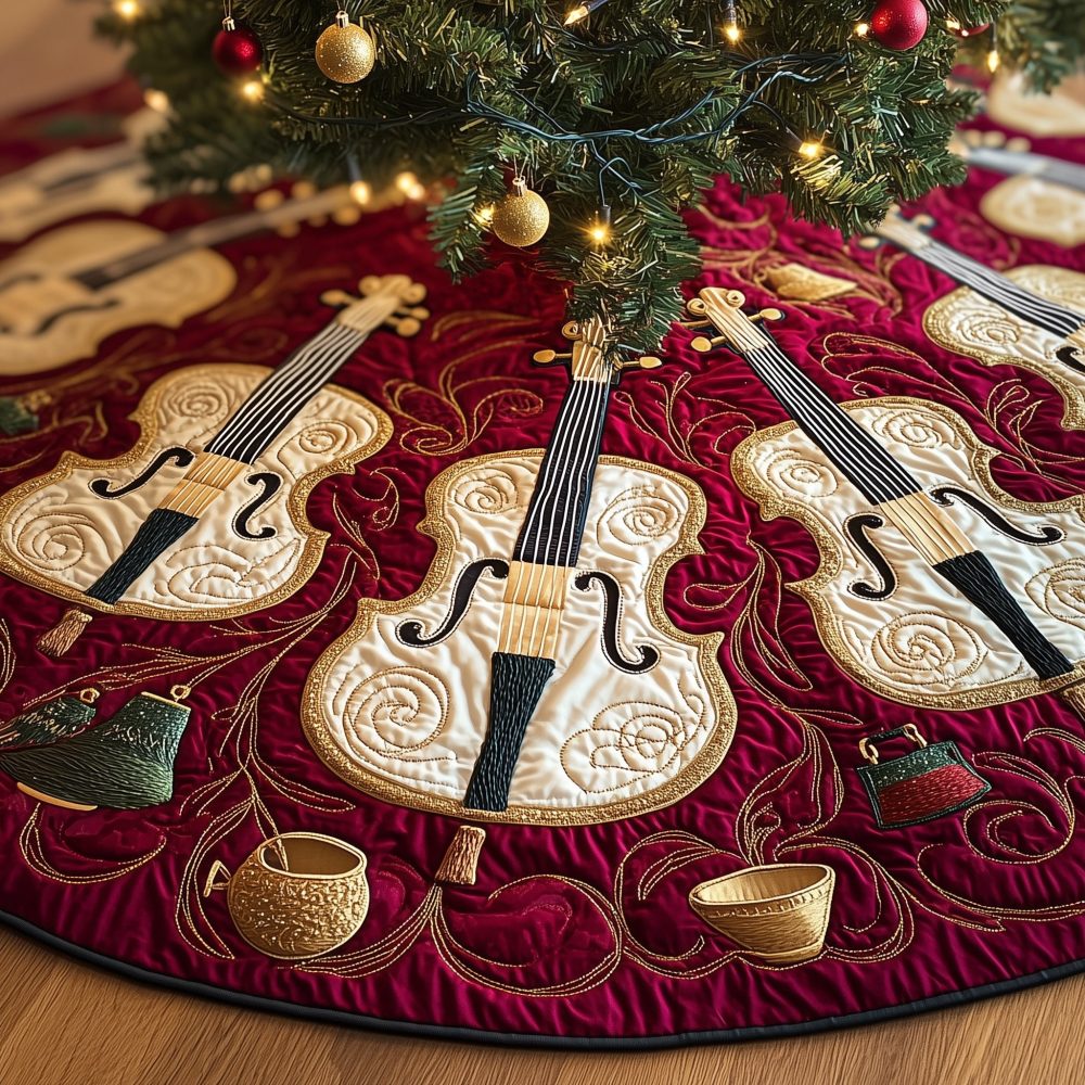 Handmade Wine-Color Scroll Tree Skirt With Cream Violin Appliqués — Soft Luxe Fabric, Tailored Fit, Perfect For Musical Holiday Displays