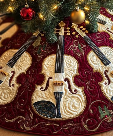 Berry-Red Christmas Tree Skirt Featuring Hand-Embroidered Violin Trio — Rich Textures, Custom Fit, Ideal Holiday Gift For Musicians