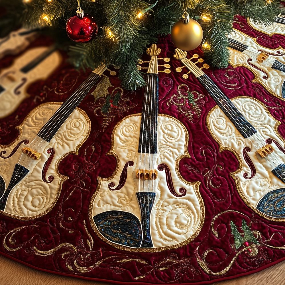 Berry-Red Christmas Tree Skirt Featuring Hand-Embroidered Violin Trio — Rich Textures, Custom Fit, Ideal Holiday Gift For Musicians