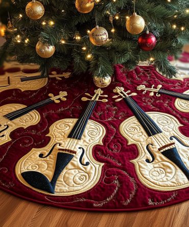 Vintage-Style Red Christmas Tree Skirt With Golden Bows & Violin Silhouettes — Luxurious Holiday Accent, Custom Orders Welcomed