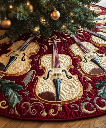 Handcrafted Pine-Sprig Border Christmas Tree Skirt With Violin Motifs — Rich Forest Green Holiday Skirt, Custom Sizing & Finishes