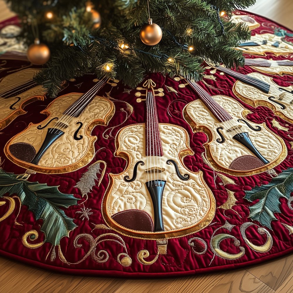 Handcrafted Pine-Sprig Border Christmas Tree Skirt With Violin Motifs — Rich Forest Green Holiday Skirt, Custom Sizing & Finishes