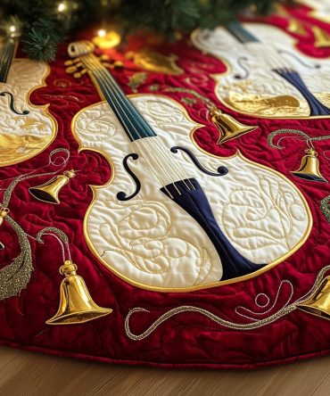 Handmade Wine-Red Christmas Tree Skirt With Golden Violin & Bells — Custom Holiday Decor For Music Lovers, Sizes Available