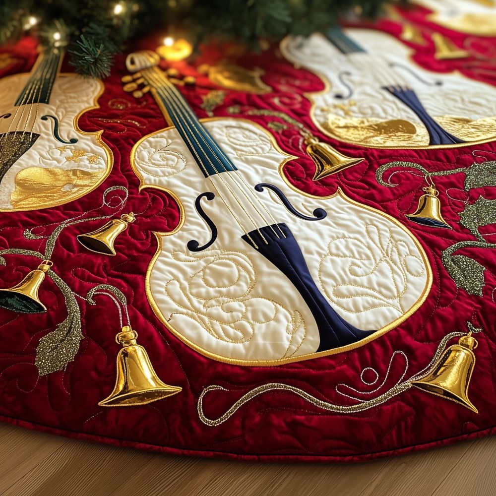 Handmade Wine-Red Christmas Tree Skirt With Golden Violin & Bells — Custom Holiday Decor For Music Lovers, Sizes Available