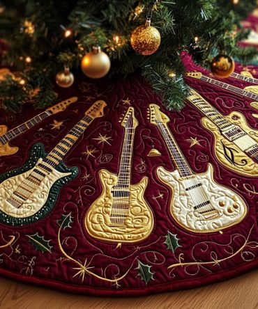 Crimson Damask Tree Skirt With Gold Guitars — Lux Handmade Christmas Skirt, Custom Sizing For Elegant Musical Holiday Decor