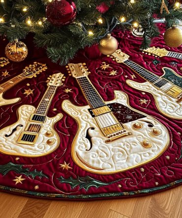 Ivory Guitar Holiday Tree Skirt With Gold Star Accents — Custom Made, Elegant Neutral Décor For Musicians & Festive Living Rooms