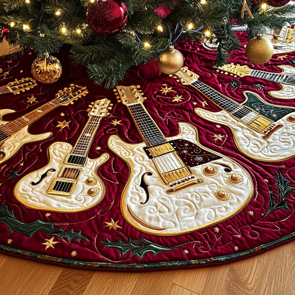 Ivory Guitar Holiday Tree Skirt With Gold Star Accents — Custom Made, Elegant Neutral Décor For Musicians & Festive Living Rooms