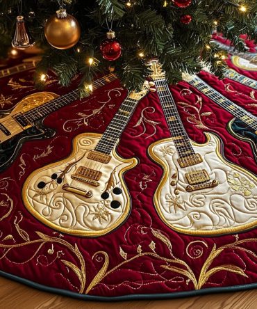 Cream & Ruby Guitar Motif Christmas Tree Skirt — Handsewn Fan Pattern, Premium Fabric, Custom Sizes For Holiday Music Rooms