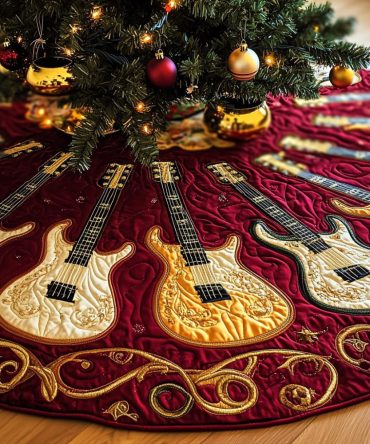 Luxury Gold Guitar Christmas Tree Skirt With Ornate Scroll Border — Handcrafted Ruby Accent, Custom Sizing For Musicians