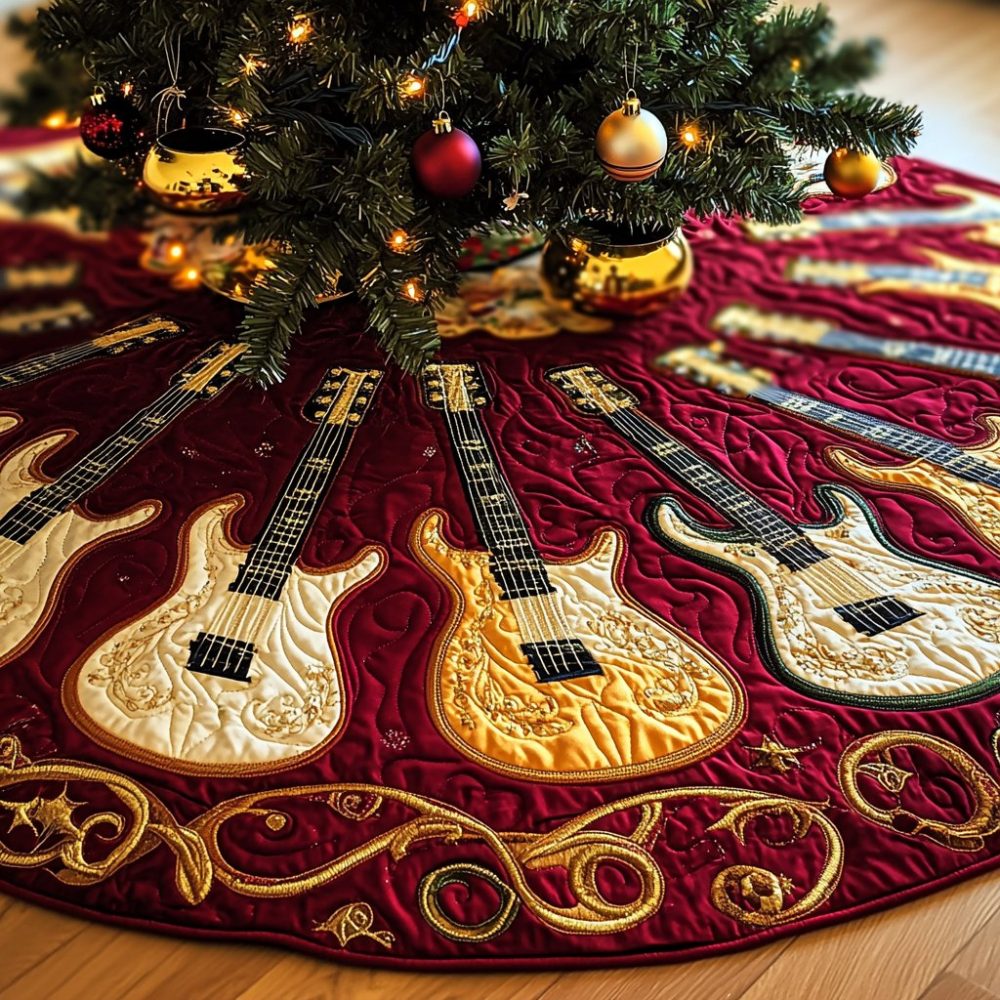 Luxury Gold Guitar Christmas Tree Skirt With Ornate Scroll Border — Handcrafted Ruby Accent, Custom Sizing For Musicians