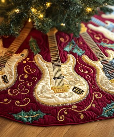 Wine Holiday Tree Skirt With Pearl Guitars & Holly — Handmade Custom Christmas Skirt For Musicians, Festive & Refined