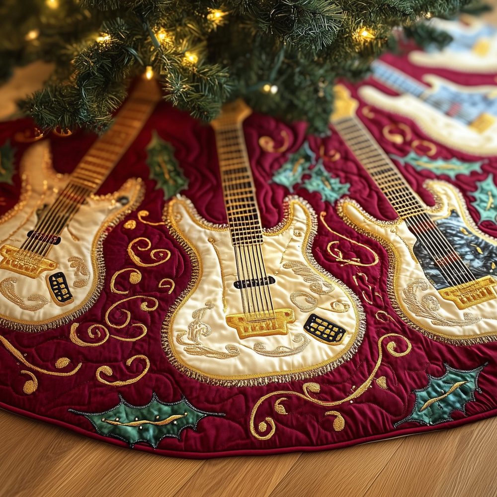 Wine Holiday Tree Skirt With Pearl Guitars & Holly — Handmade Custom Christmas Skirt For Musicians, Festive & Refined