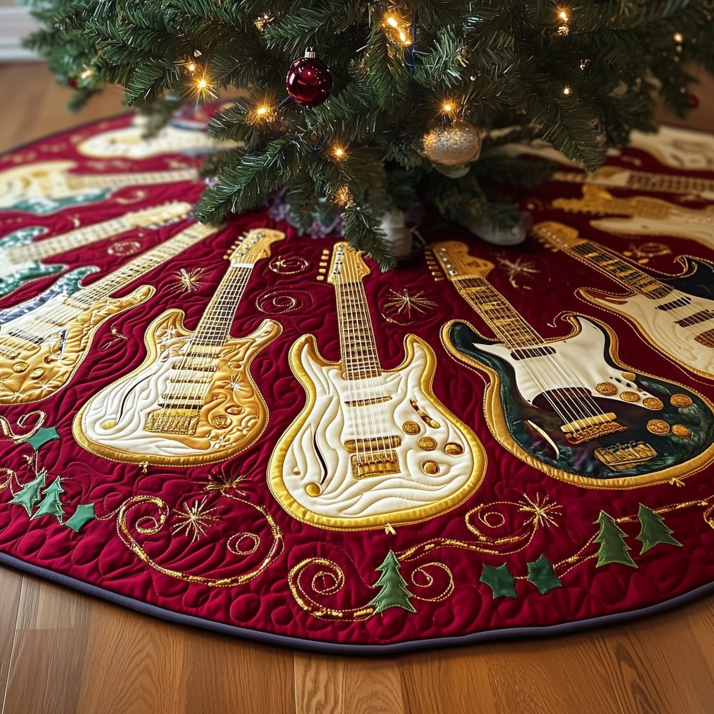 Red Guitar Tree Skirt With Pine Sprigs — Custom Handmade Musician Christmas Skirt Featuring Guitars & Holiday Greenery